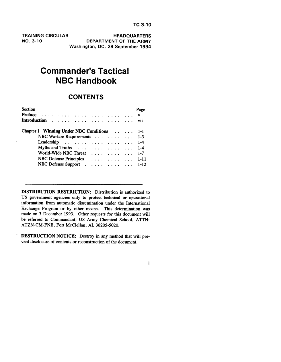 ARMY Commander's Tactical NBC Handbook 1994 119 pages cover