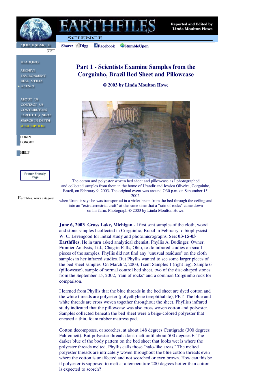 06 06 2003 Part 1 - Scientists Examine Samples from the Corguinho, Brazil Bed Sheet and Pillowcase cover