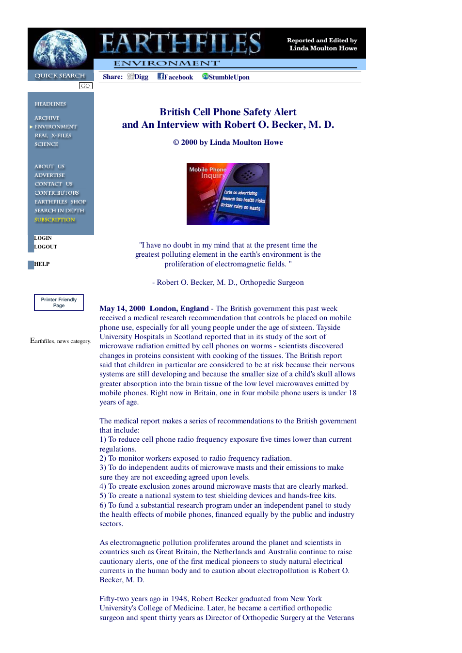 05 14 2000 British Cell Phone Safety Alert and An Interview with Robert O. Becker, M. D. cover