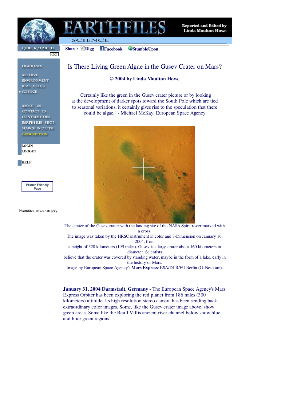 01 31 2004 Is There Living Green Algae in the Gusev Crater on Mars cover