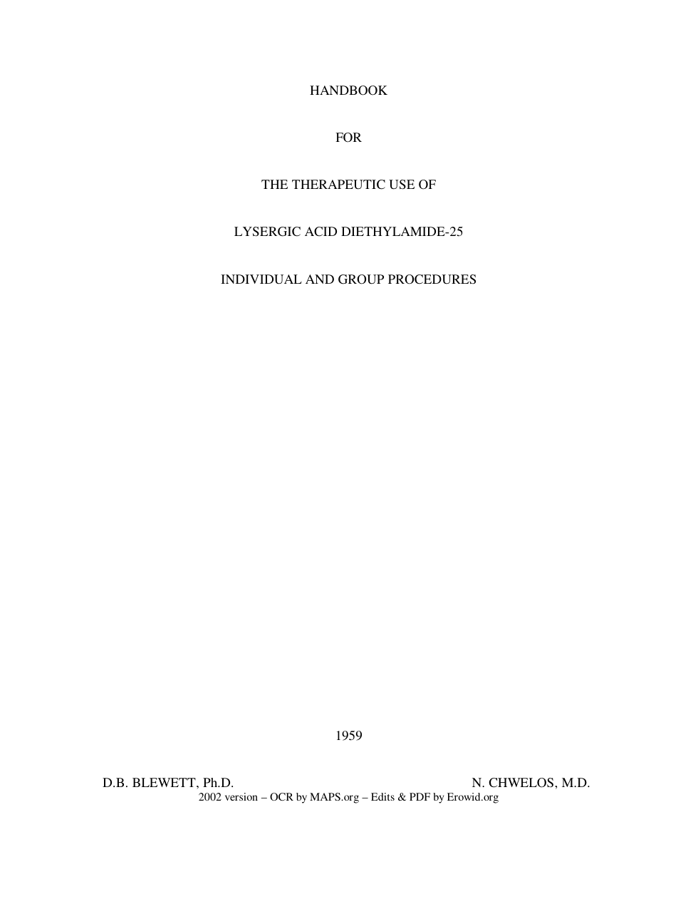 Handbook For Thereputic Use Of Lsd cover