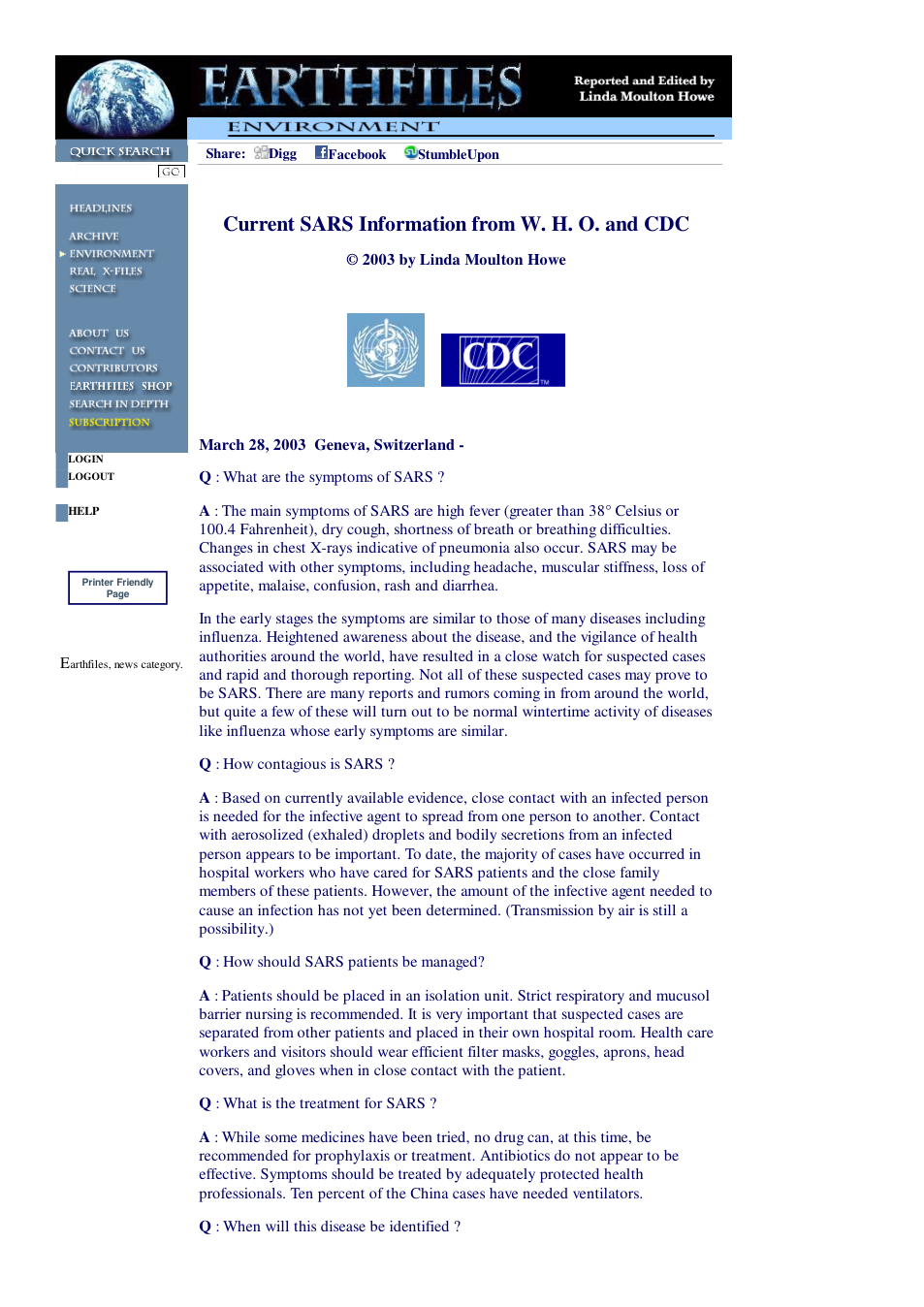 03 28 2003 Current SARS Information from W. H. O. and CDC cover