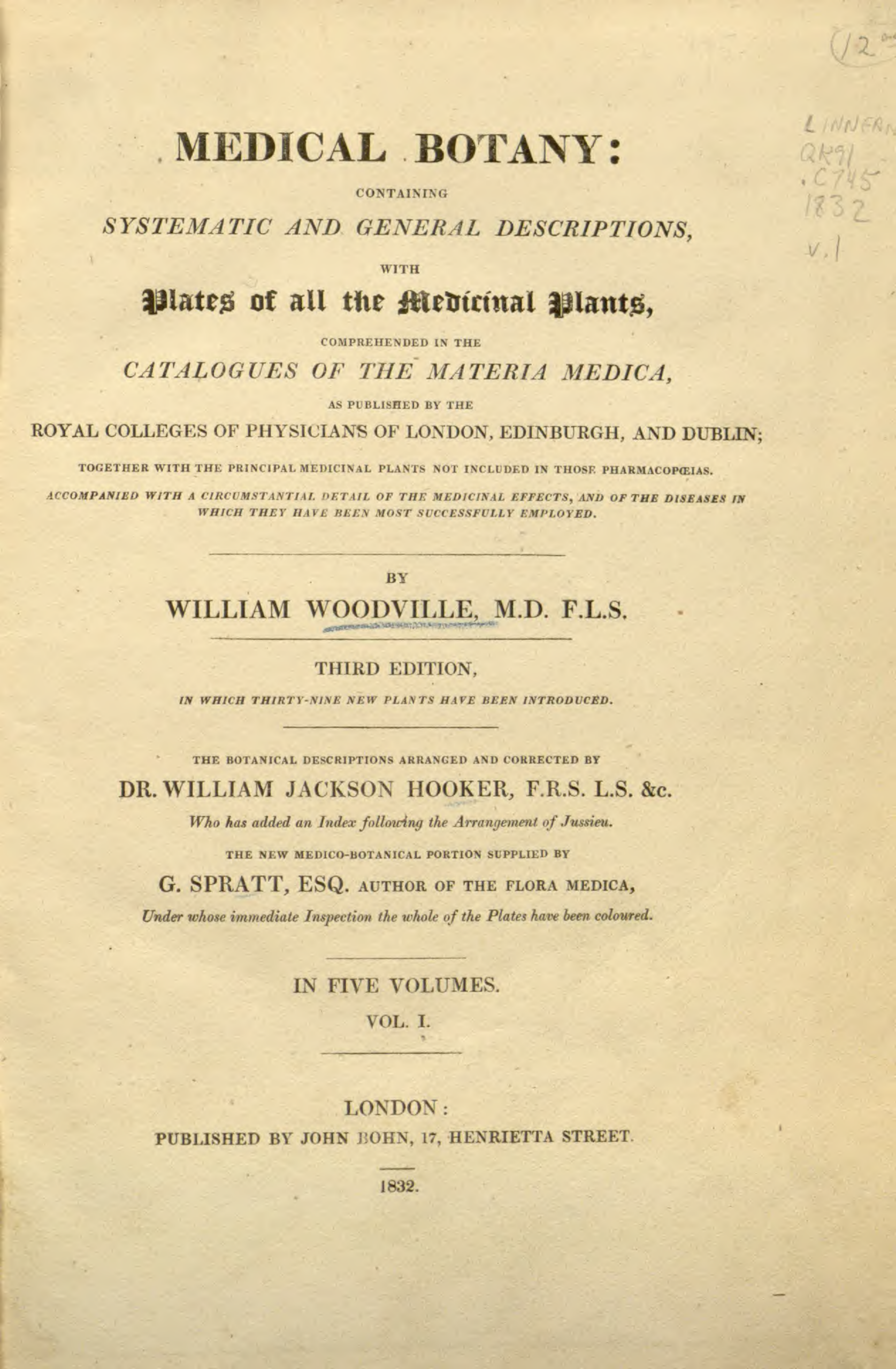Medical botany - containing systematic and general descriptions, with plates of all the medicinal plants Vol 1 - W. J. Ho~1 cover
