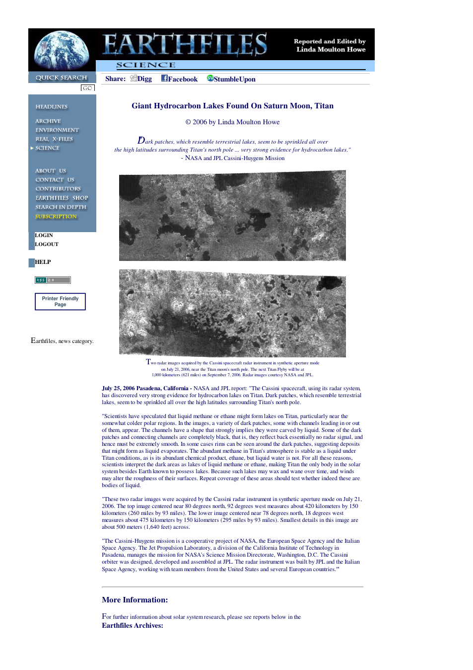 07 25 2006 Giant Hydrocarbon Lakes Found On Saturn Moon, Titan cover