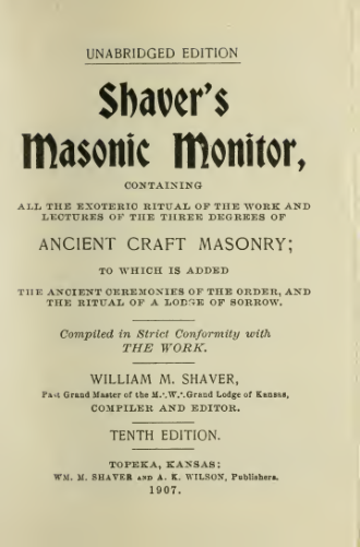 Shaver's Masonic Monitor - W M Shaver cover