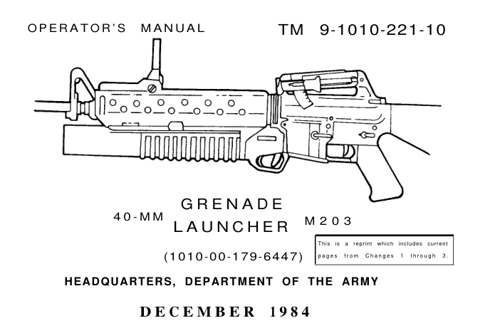 ARMY M203 40mm Grenade Launcher 1984 107 pages cover