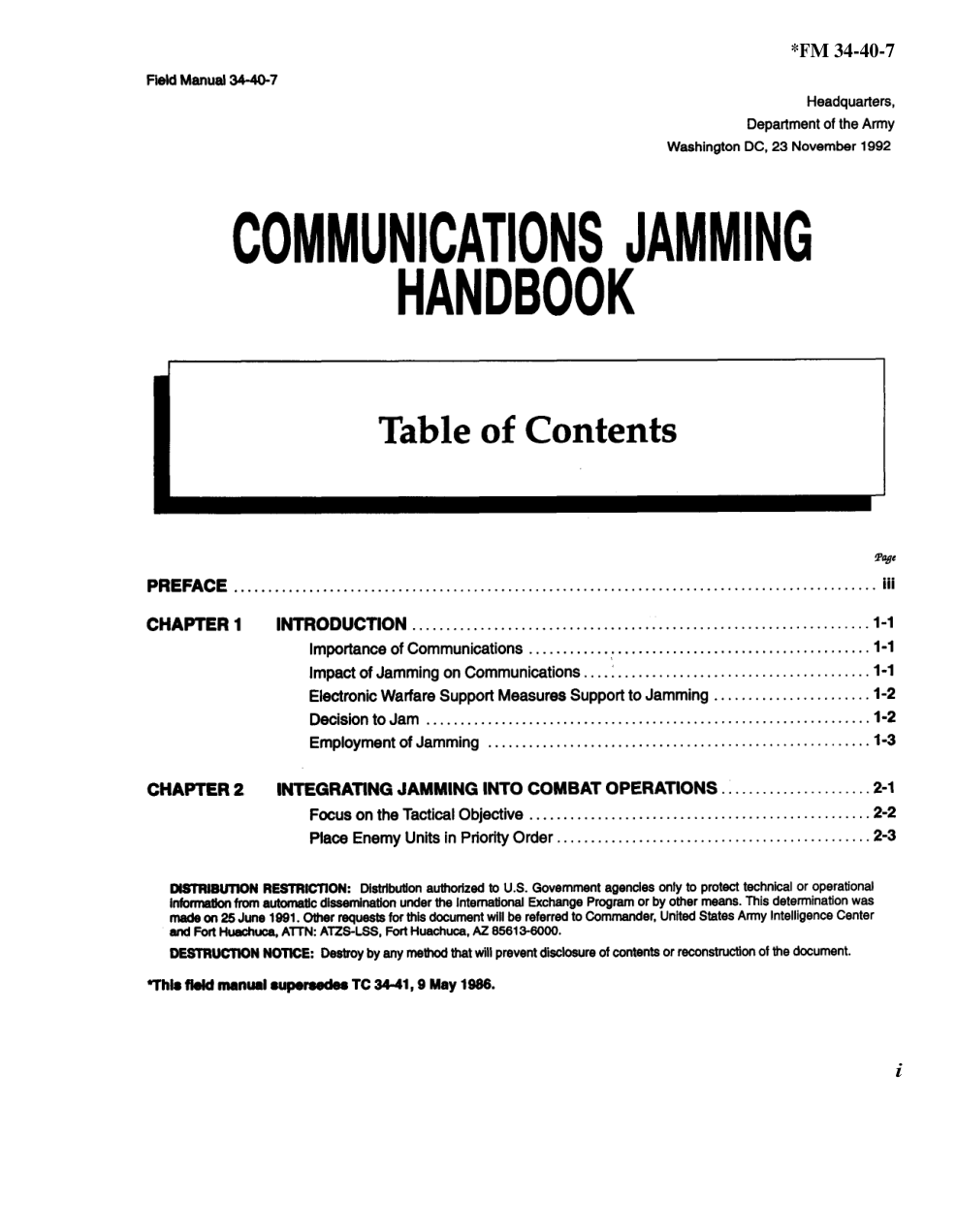 ARMY Communications Jamming 1992 77 pages cover