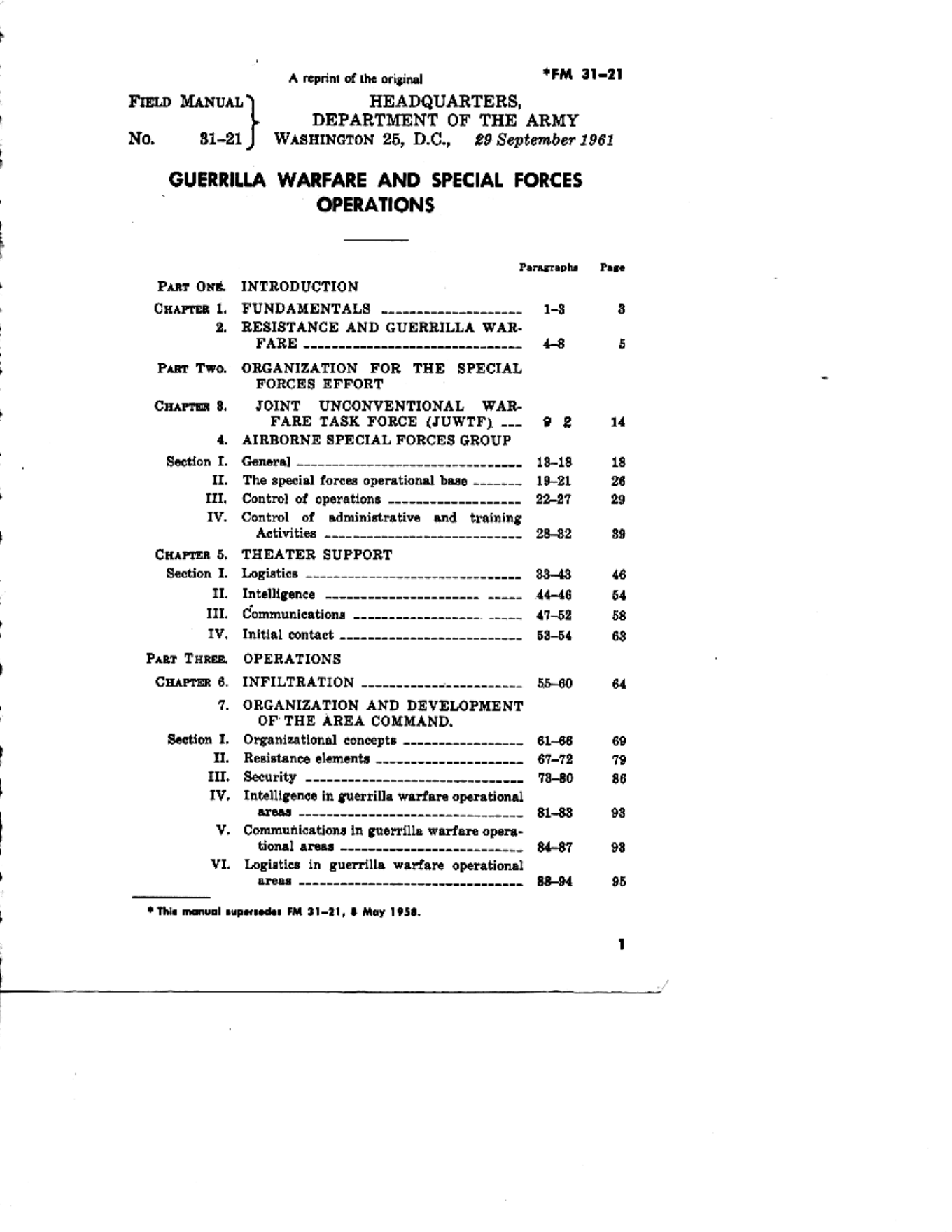 FM 31-21 Guerilla Warfare and Special Forces Operations cover